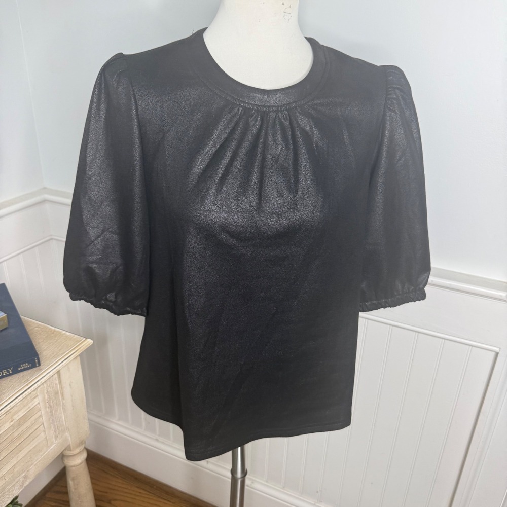 VOY Black Faux Leather Puff Sleeve Top Crew Neck Pebbled Texture Small 33007